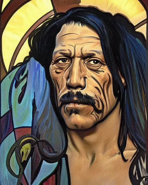 Prompt: a portrait painting of ( ( ( danny trejo ) ) ) in the style of alphonse mucha!!!