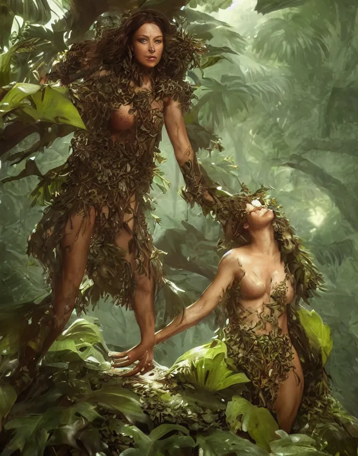 Prompt: a woman tree druid with monstera leaf clothing, fully clothed, two arms, realistic pose, D&D, fantasy, intricate, cinematic lighting, highly detailed, digital painting, artstation, concept art, smooth, sharp focus, illustration, art by Justin Gerard
