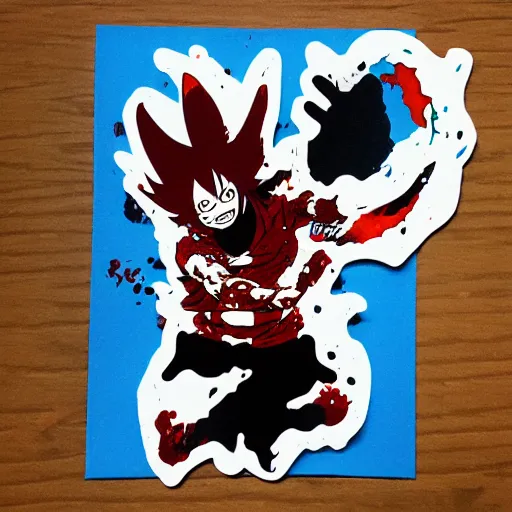 Image similar to die cut sticker, luffy gear 5, splatter paint on paper