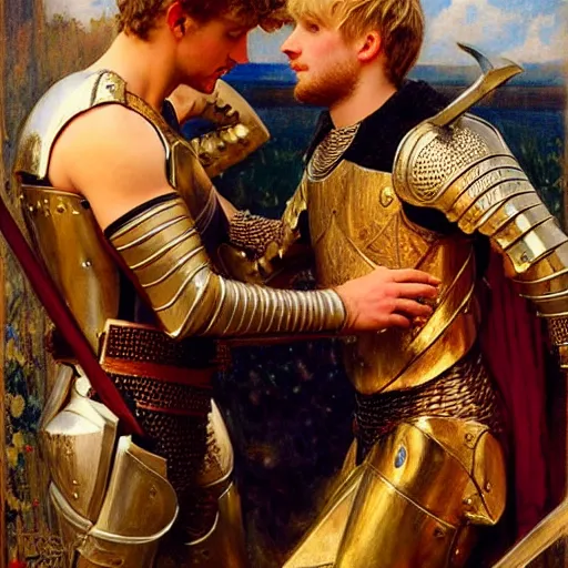 Prompt: attractive arthur pendragon confesses his love for his attractive knight. highly detailed painting by gaston bussiere and j. c. leyendecker 8 k