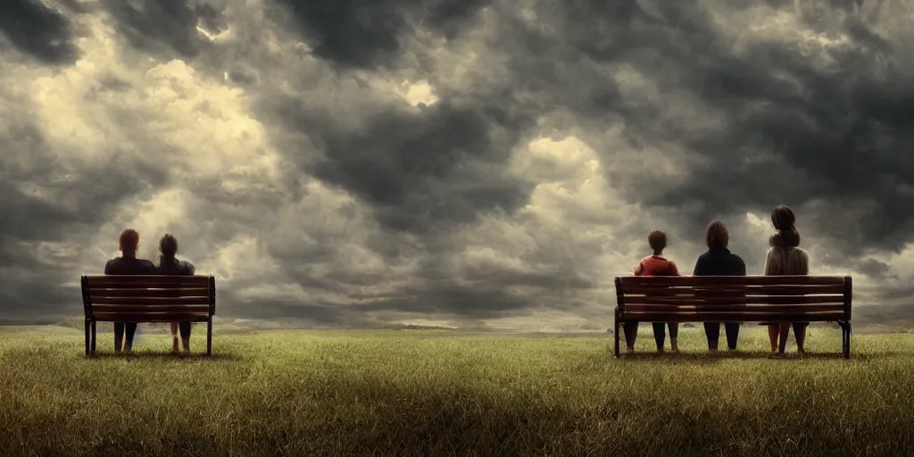 Prompt: a family with sorrow faces sitting on a bench, dramatic sky, close up shot, Greg Rutkowski, dramatic lighting