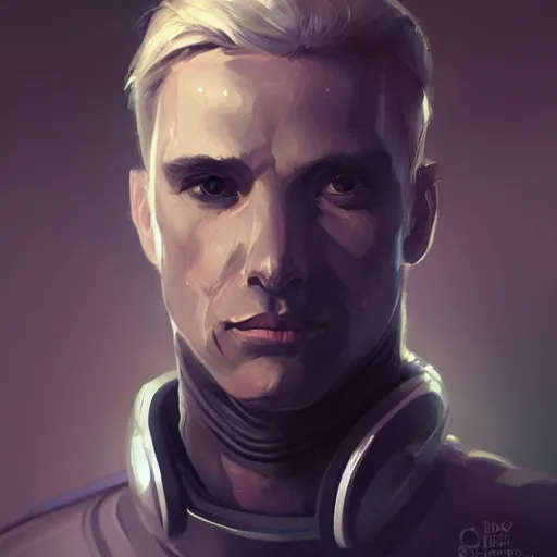 Prompt: portrait of a shocked man by greg rutkowski, he is about 3 0 years old, short blond hair, athletic and strong, straight jaw, wearing futuristic space gear, highly detailed portrait, digital painting, artstation, concept art, smooth, sharp foccus ilustration, artstation hq.