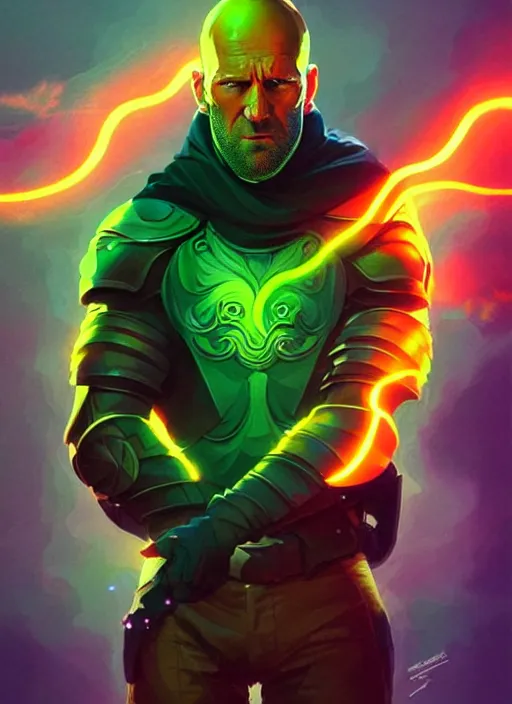 Prompt: style artgerm, joshua middleton, illustration, jason statham as paladin, strong, muscular, muscles, orange and green tones, swirling green flames cosmos, fantasy, cinematic lighting, collectible card art