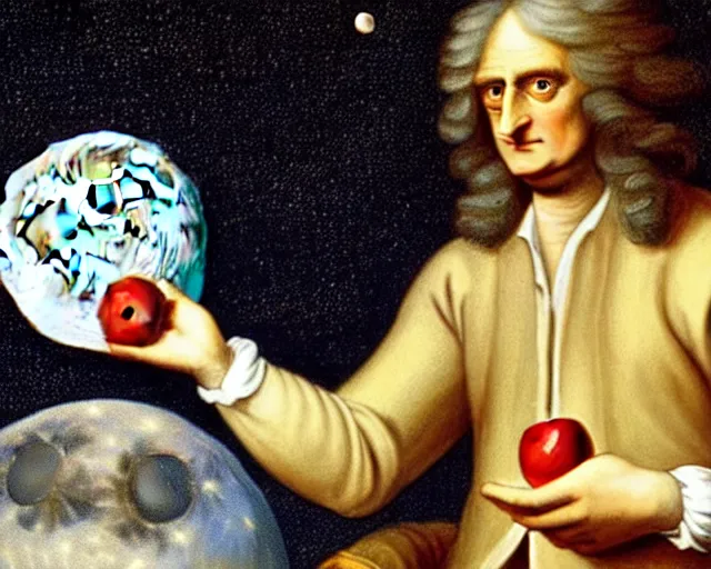 Image similar to isaac newton holding an apple in his hands and looking at the moon