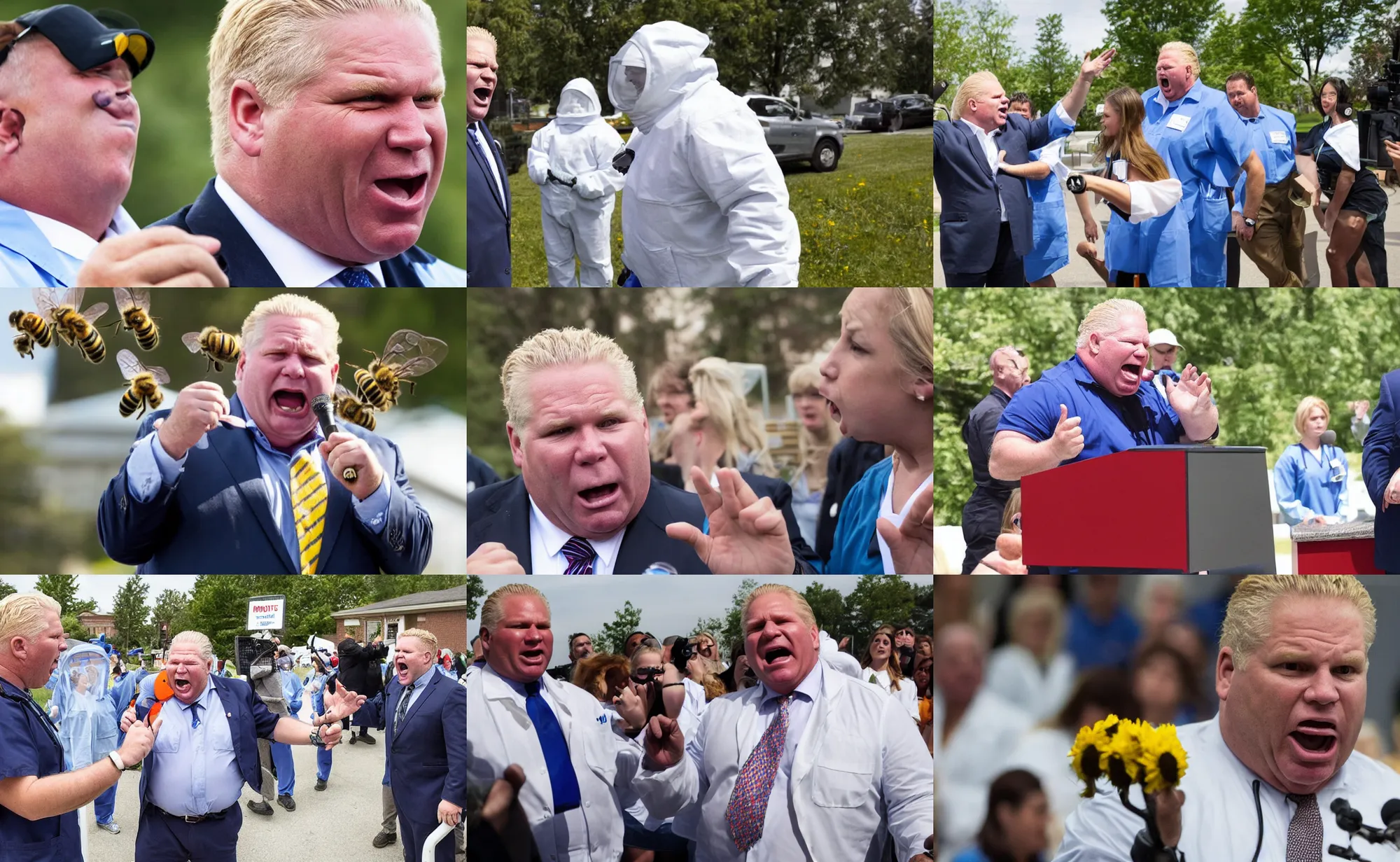 Prompt: doug ford yelling at healthcare workers as bees escape his mouth