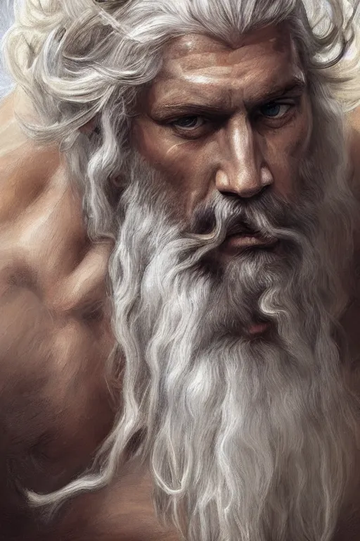 Image similar to painted portrait of rugged zeus, god of thunder, greek god, white hair, masculine, powerful, handsome, opulent, upper body, white robe, muscular, hairy torso, fantasy, intricate, elegant, highly detailed, digital painting, artstation, concept art, smooth, sharp focus, illustration, art by gaston bussiere and magali villeneuve