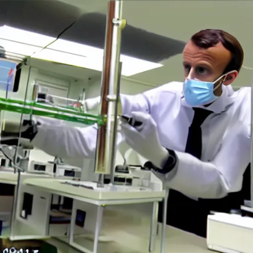 Prompt: cctv screenshot of Emmanuel Macron in a science lab