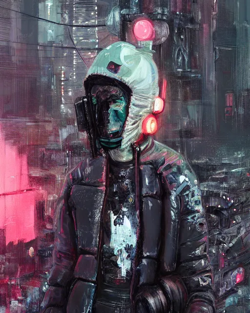 Prompt: detailed portrait Neon guard girl with short dark hair seen from the back, cyberpunk futuristic, reflective puffer jacket, black leggings, decorated with traditional ornaments in front of a dystopian crowd with piles of garbage by Ismail inceoglu dragan bibin hans thoma, Perfect face, fine details, realistic shaded, fine-face, pretty face