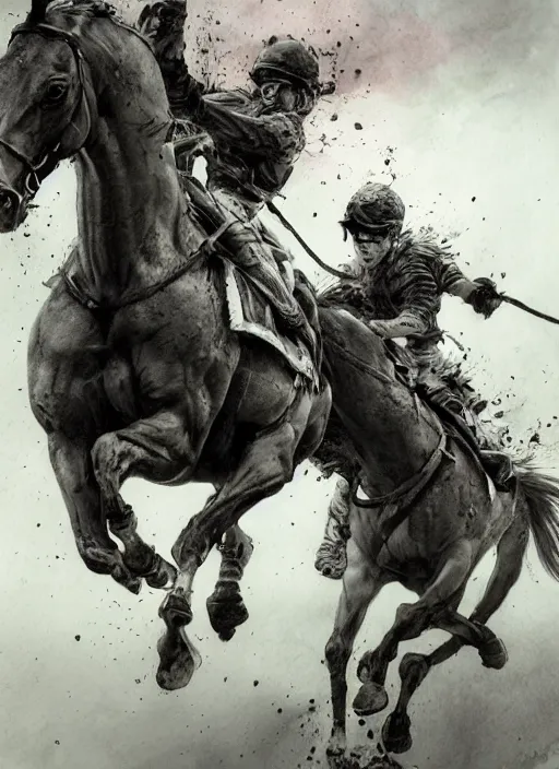 Image similar to portrait, flying horses stealing jockeys, watercolor, dramatic lighting, cinematic, establishing shot, extremely high detail, foto realistic, cinematic lighting, pen and ink, intricate line drawings, by Yoshitaka Amano, Ruan Jia, Kentaro Miura, Artgerm, post processed, concept art, artstation, matte painting, style by eddie mendoza, raphael lacoste, alex ross