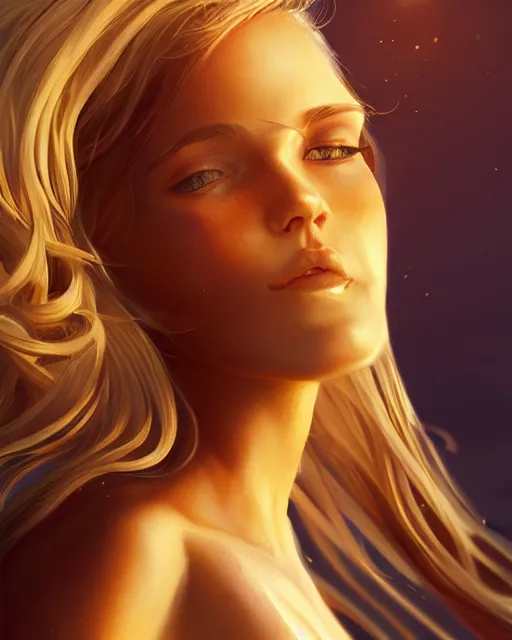 Image similar to summer vibes, beautiful sun tanned woman, flowy golden hair, sun, summer, cinematic lighting, highly detailed, digital painting, trending on artstation, pixiv, concept art, sharp focus, illustration, art by ross tran and wlop