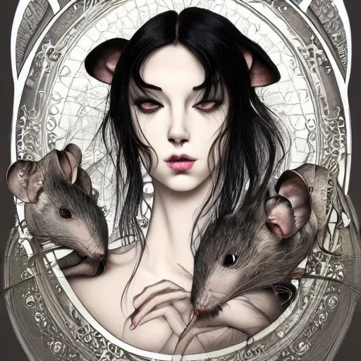 Image similar to a photograpic portrait of a anthropomorphic mouse wearing black clothes, black hair, grey skin, grey mouse ears, fantasy, intricate, elegant, highly detailed, digital painting, artstation, smooth, sharp focus, illustration, art by artgerm and H R Giger and alphonse mucha