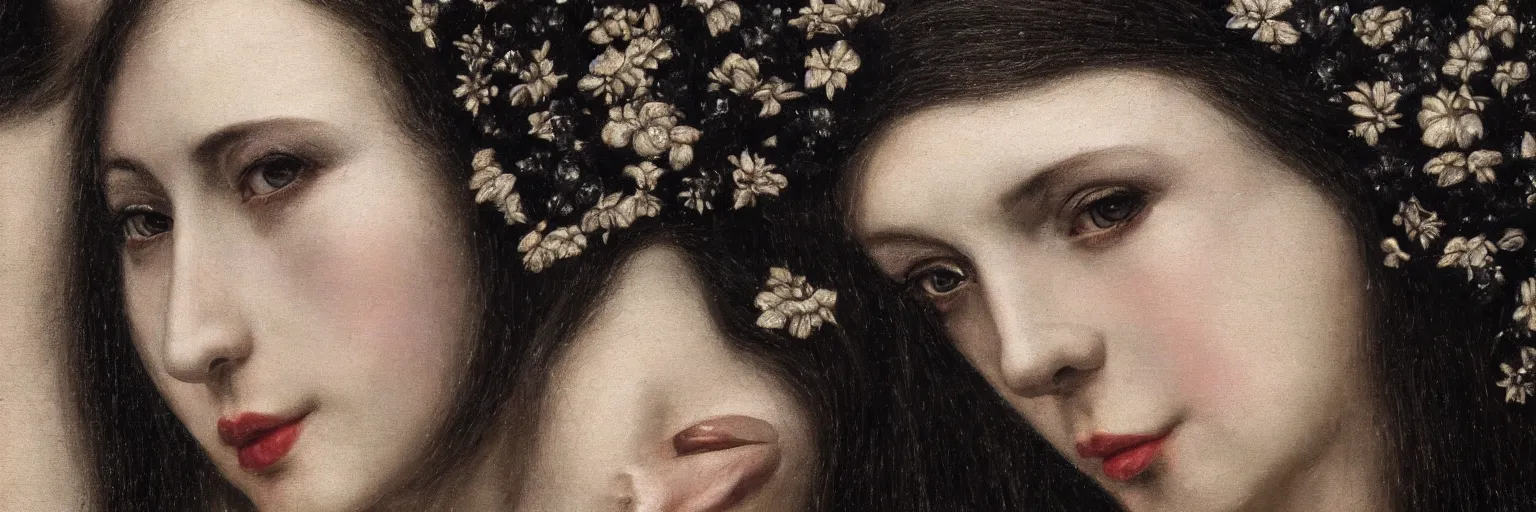 Prompt: hyperrealism close - up mythological portrait of a beautiful medieval women partially made of black flowers in style of classicism, pale skin, ivory make up on the eyes, wearing black silk robes, dark and dull palette