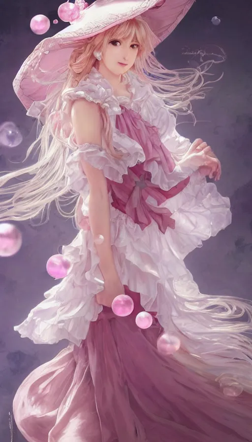 Image similar to portrait of kirisame marisa, touhou, dreamy and ethereal, expressive pose, big pink eyes, peaceful expression, ornate frilly dress, fantasy, intricate, elegant, many rainbow bubbles, rose tones, highly detailed, digital painting, artstation, concept art, smooth, sharp focus, illustration, art by artgerm and greg rutkowski and alphonse mucha