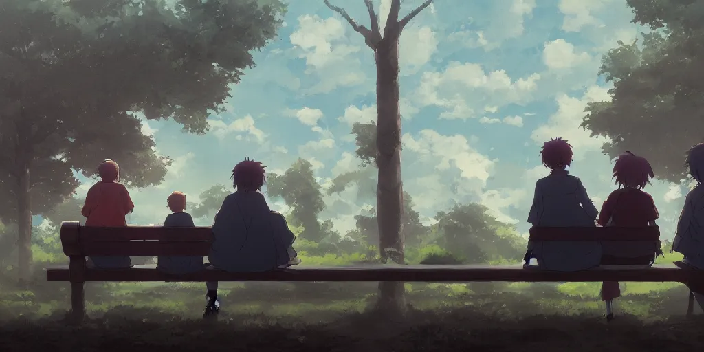 Image similar to a family with sorrow faces sitting on a bench, close up shot, anime art, Greg Rutkowski, studio ghibli, dramatic lighting