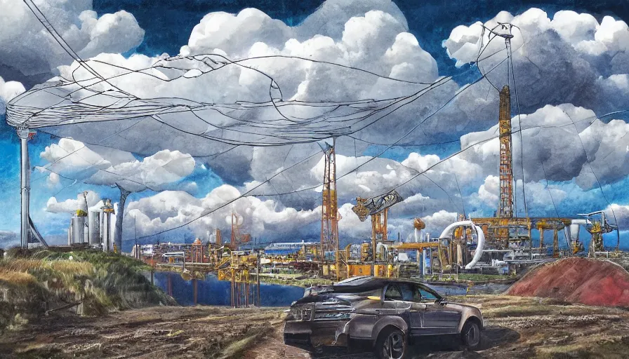 Image similar to an inflated stainless steel chrome gondola in the clouds, people are hanging by steel cables. Intricate technical drawing. Mammatus clouds. Oil rig, solarpunk