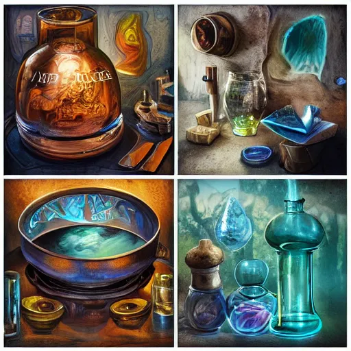 Image similar to hyper real, table, map, wizards laboratory, lisa parker, tony sart, mortar, pestle, scales, energy flowing, magic book, beakers of colored liquid