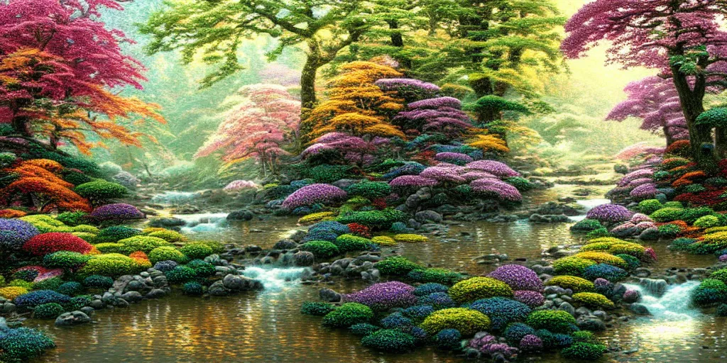 Prompt: Breath-taking beautiful trees, streams, flowers, and mist, An aesthetically pleasing, dynamic, energetic, lively, complex, intricate, detailed, well-designed digital art of trees, streams, flowers, and mist, golden hour, light and shadow, overlaid with aizome patterns, Shin-hanga by Thomas Kinkade and Bob Ross, traditional Japanese colors, superior quality, masterpiece, featured, trending, award winning, HDR, HD, UHD, 4K, 8K, anamorphic widescreen