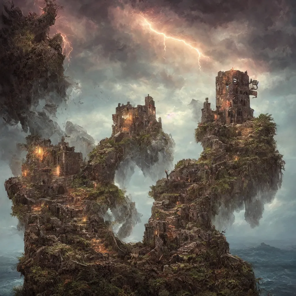 Image similar to ruined castle on a small island only reachable by a small land brisge, 8 k, by tristan eaton, stanley artgermm, tom bagshaw, greg rutkowski, carne griffiths, trending on deviantart, hyper detailed, glorious lighting, dramatic lightning