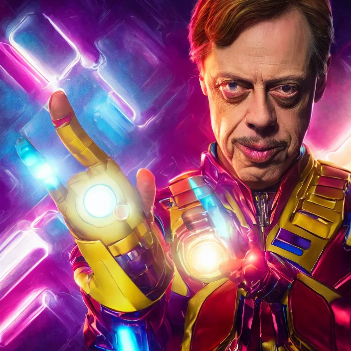 Image similar to portrait of Steve buscemi, wearing the infinity gauntlet. intricate artwork. octane render, trending on artstation, very coherent symmetrical artwork. Marvel. cinematic, high detail, octane render, 8k, iridescent accents