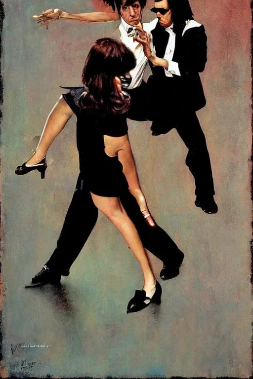 Image similar to Mia Wallace and Vincent Vega dancing Pulp Fiction painted by Norman Rockwell