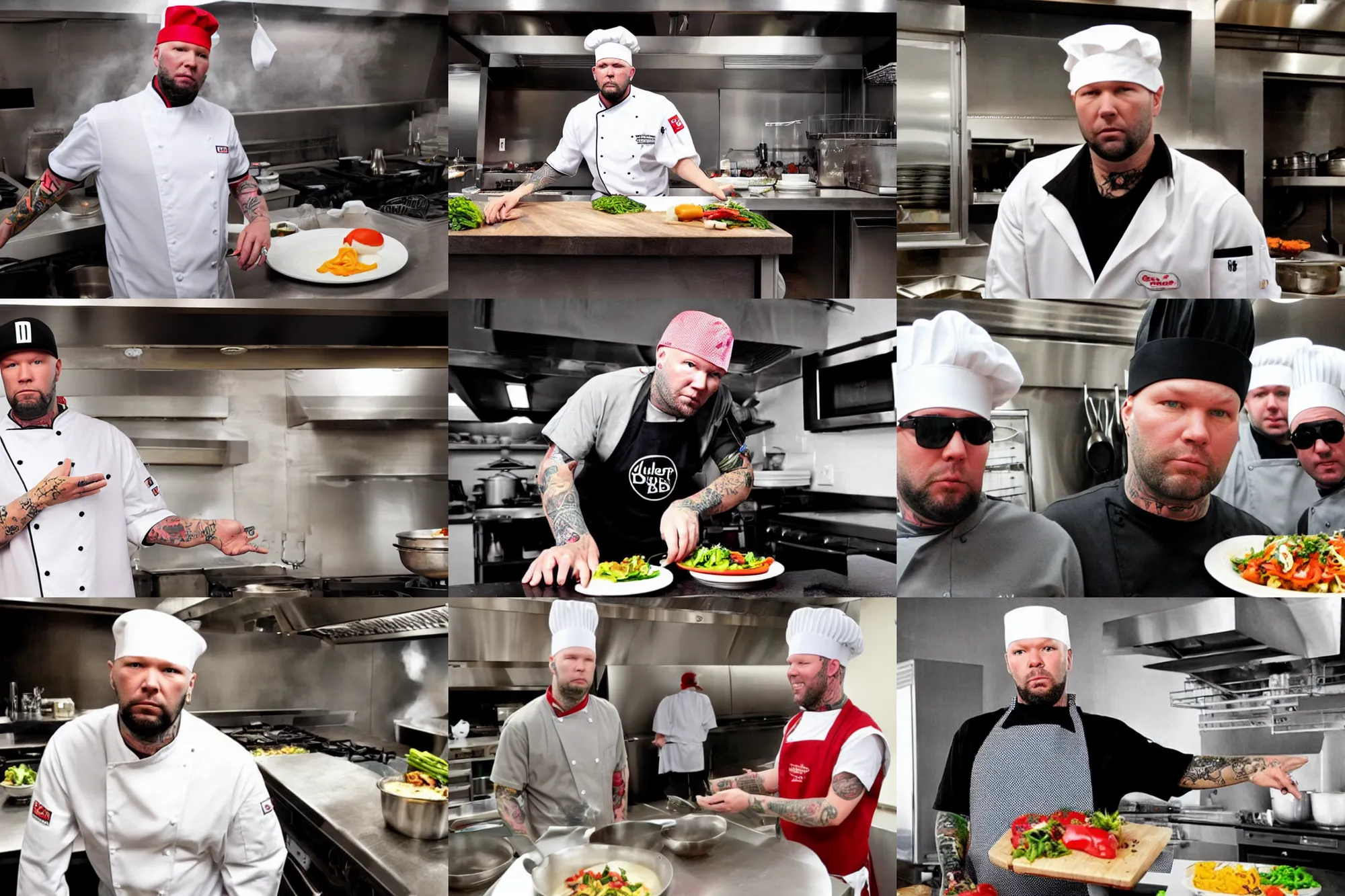 Prompt: fred durst from limp bizkit with a chef uniform on in a kitchen