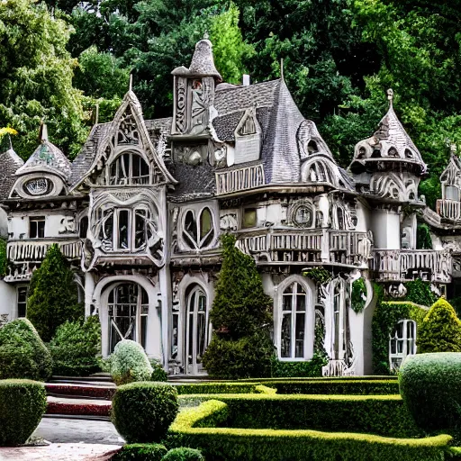 Image similar to This image is of an ornate fantasy house. It has a large, turreted main house with a smaller house attached. Both houses are adorned with intricate carvings and detailed stonework. There is a large garden with fanciful topiary and a stone path leading up to the front door. Photography.