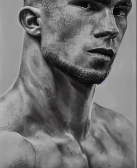 Image similar to portrait of a handsome young swedish boxer, art by denys tsiperko and bogdan rezunenko, hyperrealism