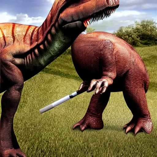 Image similar to a realistic photo of a dinosaur standing on two legs smoking a cigarette in their mouth hdr professional shot, full body