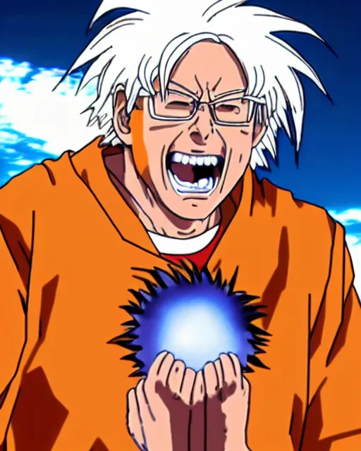 Prompt: bernie sanders as goku in dragonball z going supersaiyan! during filibusterspeech!