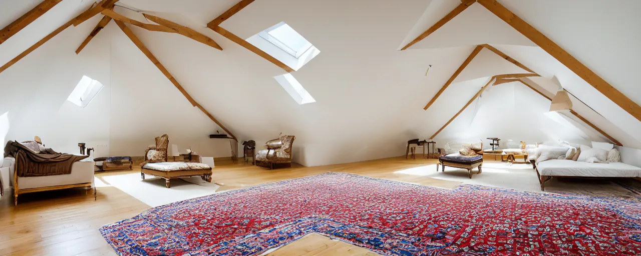 Image similar to low ceiling attic, white painted ceiling, with 2 rectangular skylights opposing each other, with a large square skylight in the back right corner of the room, with exquisite turkish and persian rugs, polished plywood floor, XF IQ4, 150MP, 50mm, F1.4, ISO 200, 1/160s, natural light