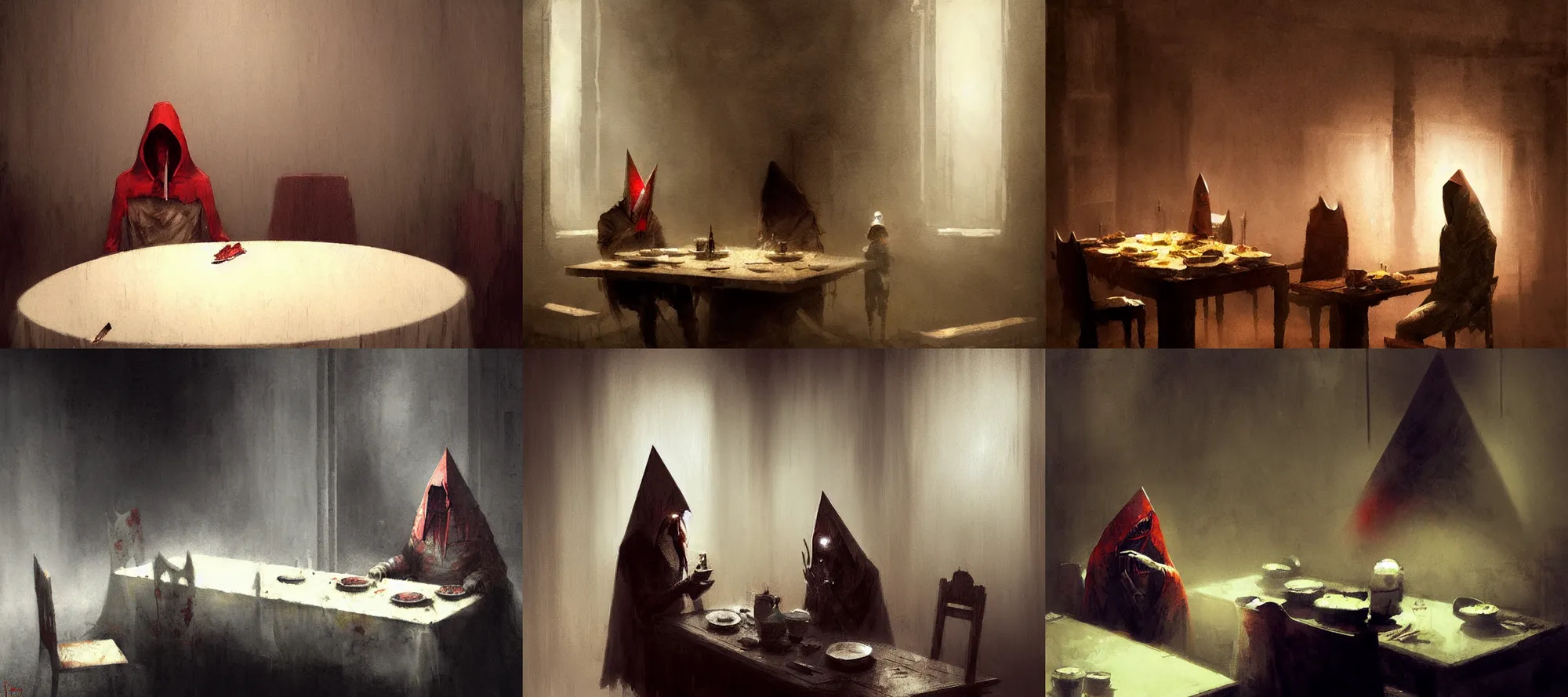 Prompt: pyramidhead silent hill eating dinner at a table in the backrooms happiness is temporary by greg rutkowski