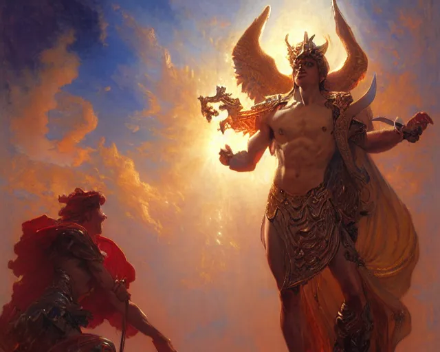 Image similar to attractive heroic male deity, casts magic, summoning handsome heroic lucifer morning star. highly detailed painting by gaston bussiere, craig mullins, j. c. leyendecker 8 k