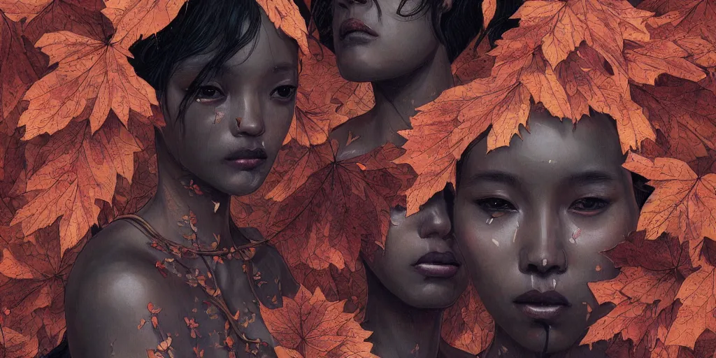 Image similar to breathtaking detailed concept art painting pattern of black faces goddesses amalgamation autumn leaves with anxious piercing eyes, by hsiao - ron cheng and james jean, bizarre compositions, exquisite detail, extremely moody lighting, 8 k