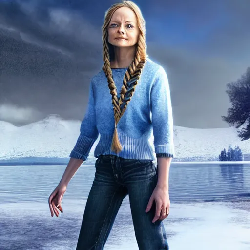 Prompt: a very beautiful young jodie foster, full body, long braided curly silver hair, sky blue eyes, full round face, short smile, casual clothes, ice snowy lake setting, cinematic lightning, medium shot, mid-shot, highly detailed, trending on Artstation, Unreal Engine 4k, cinematic wallpaper by Stanley Artgerm Lau, WLOP, Rossdraws, James Jean, Andrei Riabovitchev, Marc Simonetti, and Sakimichan