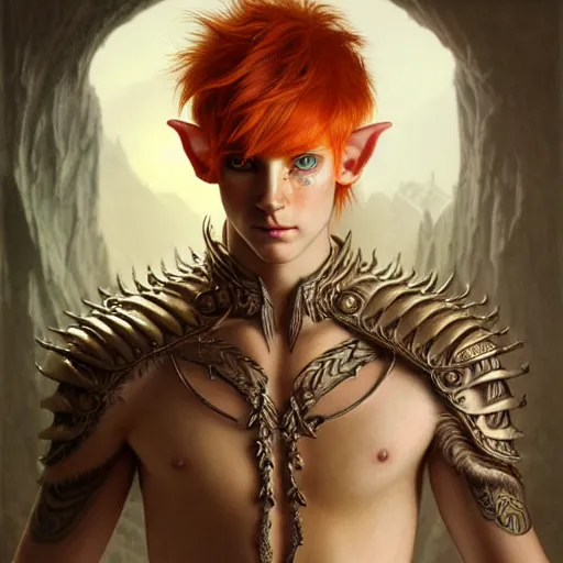 Image similar to portrait painting of an elven male teen with short light orange hair and tribal tattoos on his face wearing fur armor, ultra realistic, concept art, intricate details, eerie, highly detailed, photorealistic, octane render, 8 k, unreal engine. art by artgerm and greg rutkowski and charlie bowater and magali villeneuve and alphonse mucha