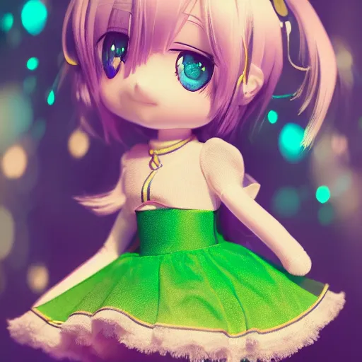 Prompt: cute fumo plush of a girl in a green and gold and blue shiny dress, lens flare, anime girl, vray