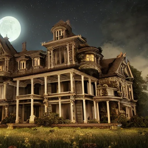 Prompt: large haunted mansion in the mountain side, cinematic, octane render, art station, dramatic lighting, beautiful moonlight night, concept art, rococo, photorealistic, intense detail, 8 k