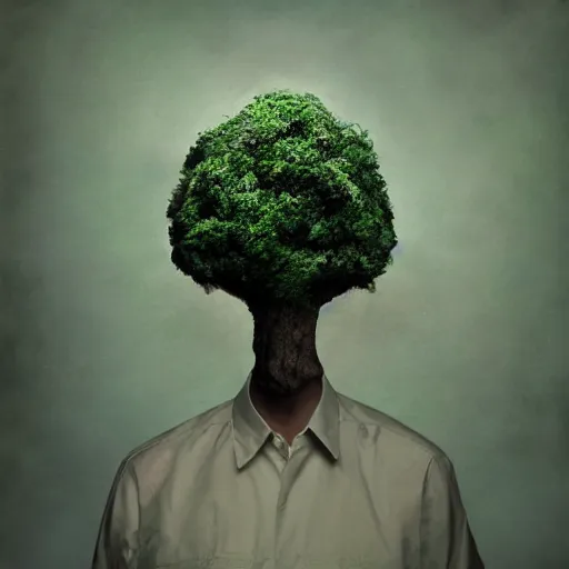 Image similar to a man in a green jacket with a tree on top of his head, a surrealist sculpture by kim keever, behance, pop surrealism, surrealist, dystopian art, whimsical