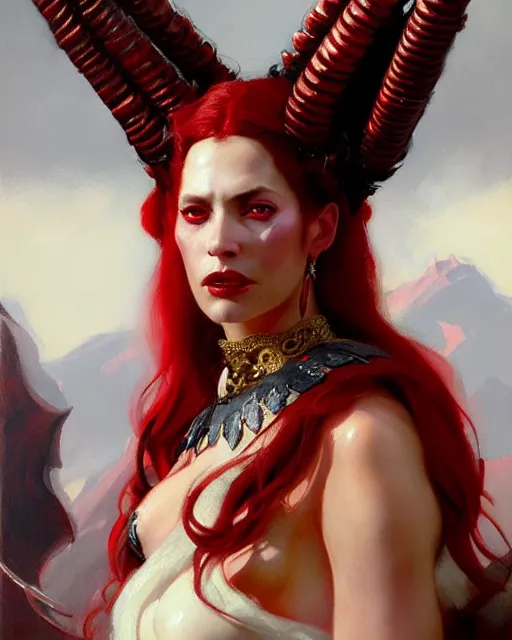 Prompt: painted close - up portrait of an attractive red - skinned intimidating demon queen with ram horns. oil painting, wearing a noblewoman's outfit, fantasy art by greg rutkowski and john singer sargent and gaston bussiere, demon noble character design