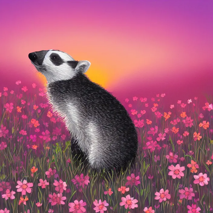 Prompt: album art of a badger sitting in a flower meadow at pink sunset, sakura trees, artstation trending