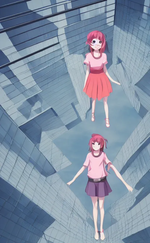 Prompt: a girl standing on the edge of a building smiling, three point perspective, anime scene, digital art, 4k ultra