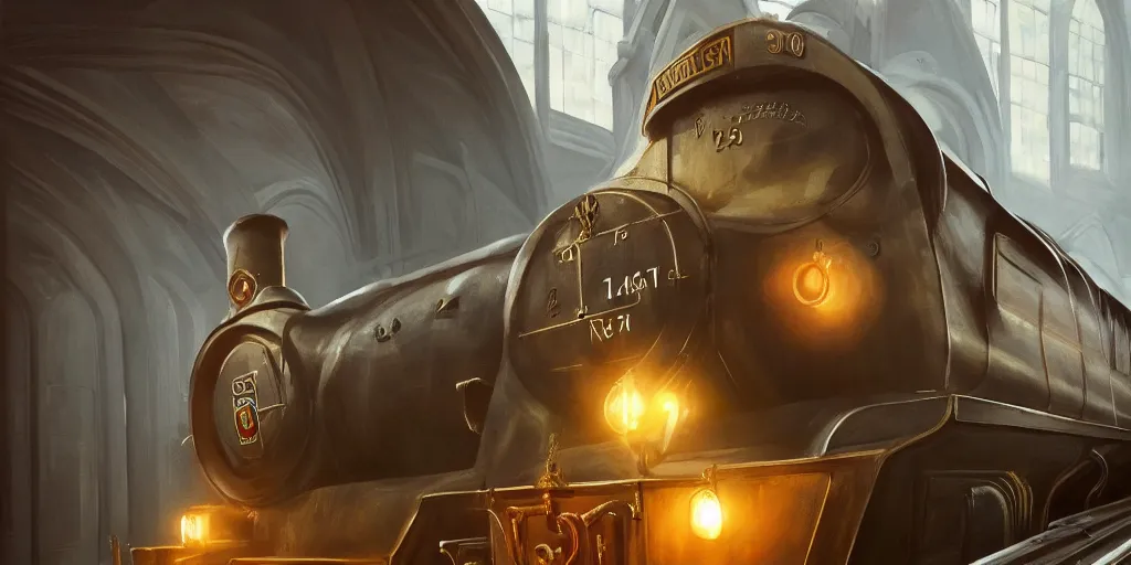 Image similar to mysterious painting of Hogwarts train, A beautiful female conductor, immaculate scale, hyper-realistic, Unreal Engine, Octane Render, digital art, trending on Artstation, 8k, detailed, atmospheric, immaculate