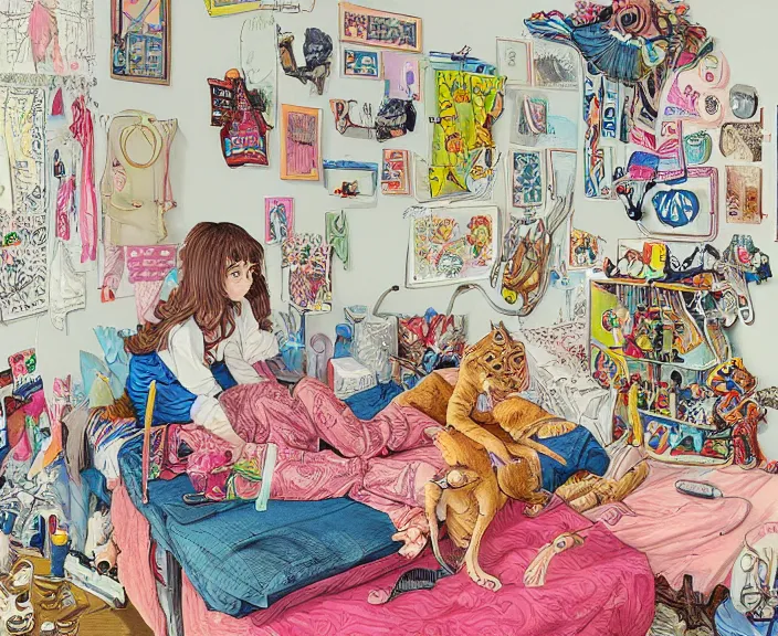 Image similar to highly detailed colorful illustration of a teenager in her room in the 9 0's, very detailed, clean shaped illustration by kim jung gi, ron english and eiichiro oda