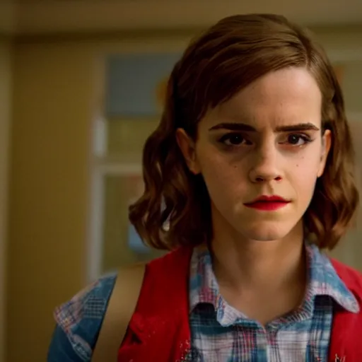 Prompt: an movie still of Emma Watson bold as eleven in stranger things, close up, high details,
