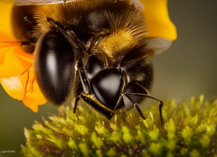 Image similar to super macro of a bee face drinking from a flower in the forest. fantasy magic style. highly detailed 8 k. intricate. nikon d 8 5 0 3 0 0 mm. award winning photography.