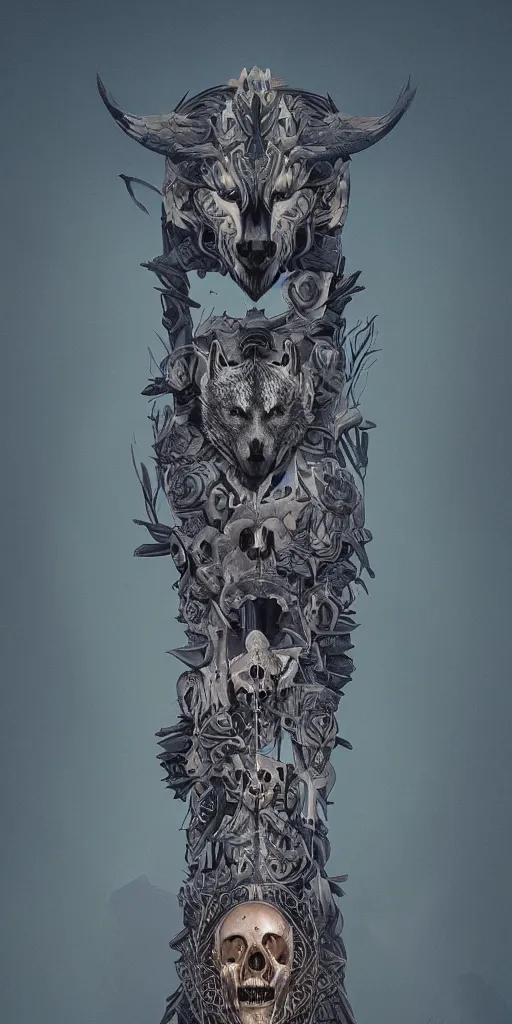 Image similar to A totem with a skull and an wolf by beeple, coherent, symmetrical, intricate, high detail, digital painting, hyper realism, octane render, 4k, trending on artstation