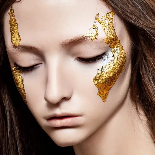 Prompt: fashion model face with cracked porcelain skin lines filled with gold in the kintsugi style, highly detailed