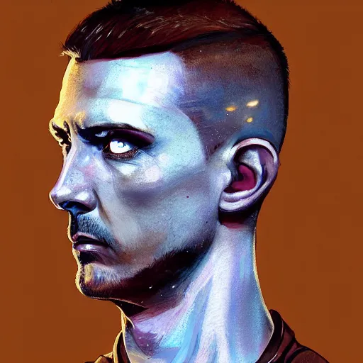 Image similar to cyberpunk, armitage, closeup portrait of a stoic ex soldier with a battlescar and light blue eyes, brown buzzcut, cyborg, dramatic light, city background, sunset, dystopian setting, high contrast, sharp, neuromancer, painted by stanley lau, painted by greg rutkowski, painted by stanley artgerm, digital art, trending on artstation