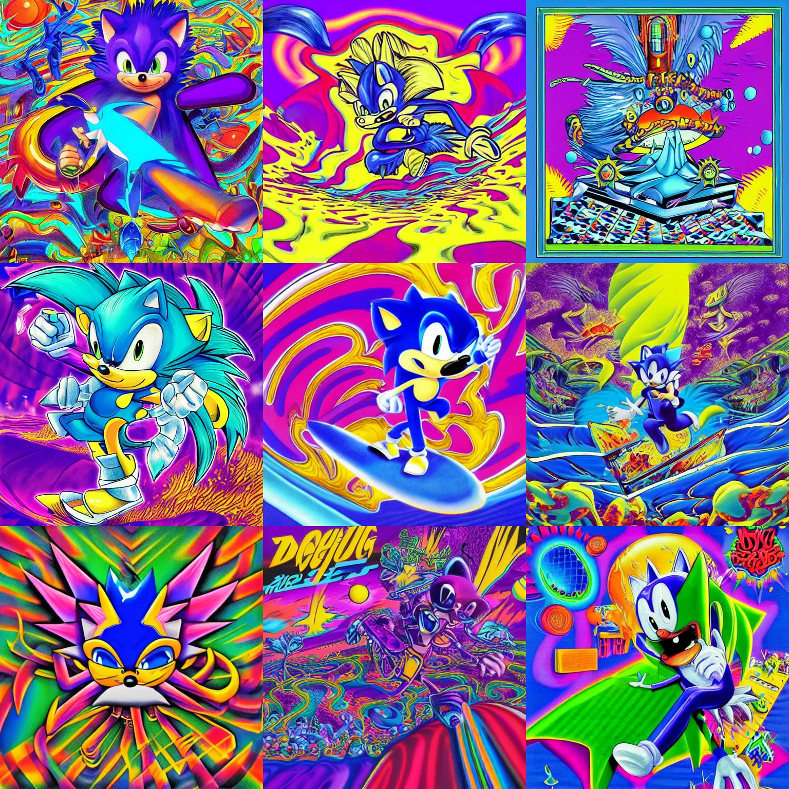 Prompt: surreal, sharp, lowbrow, detailed professional, high quality airbrush art MGMT album cover of a liquid dissolving LSD DMT blue sonic the hedgehog surfing through cyberspace, purple checkerboard background, 1990s 1992 acid house techno Sega Genesis video game album cover