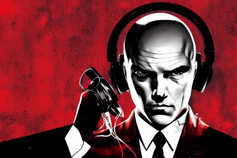 Image similar to an expressive portrait of agent 4 7 from hitman wearing headphones and putting a vinyl record onto a turntable, dark background, red rim light, digita, l